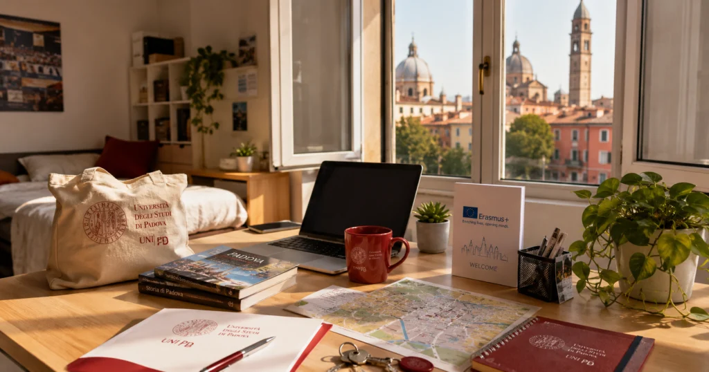 Erasmus student accommodation in Padova with UniPD and Erasmus documents on a study desk