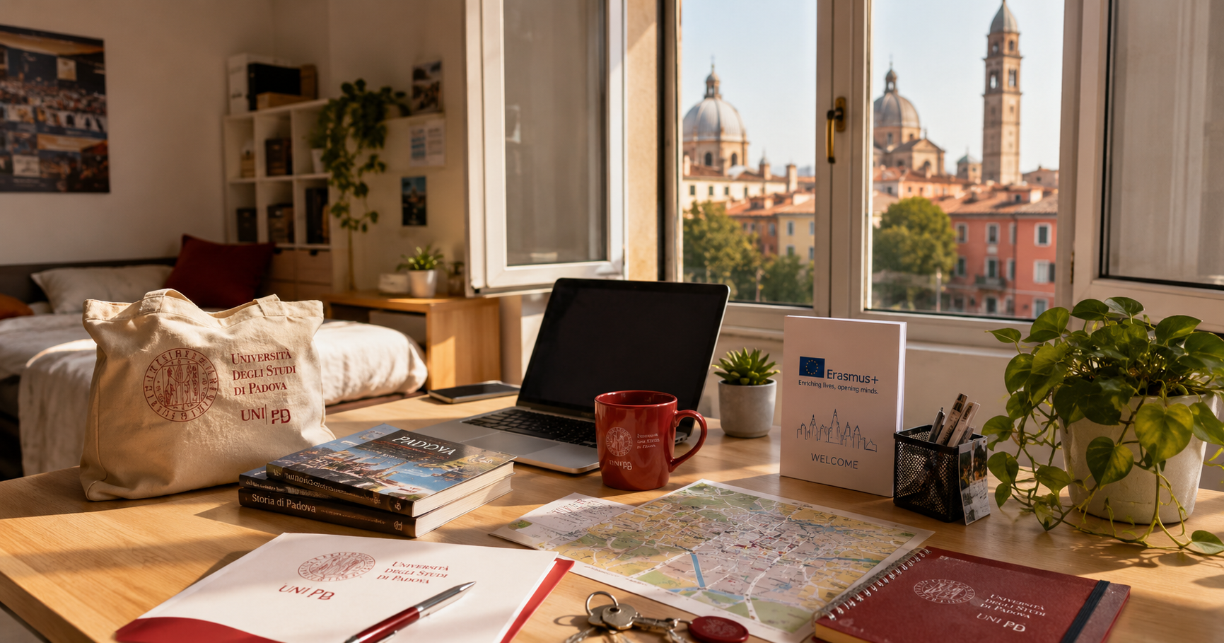 Erasmus student accommodation in Padova with UniPD and Erasmus documents on a study desk