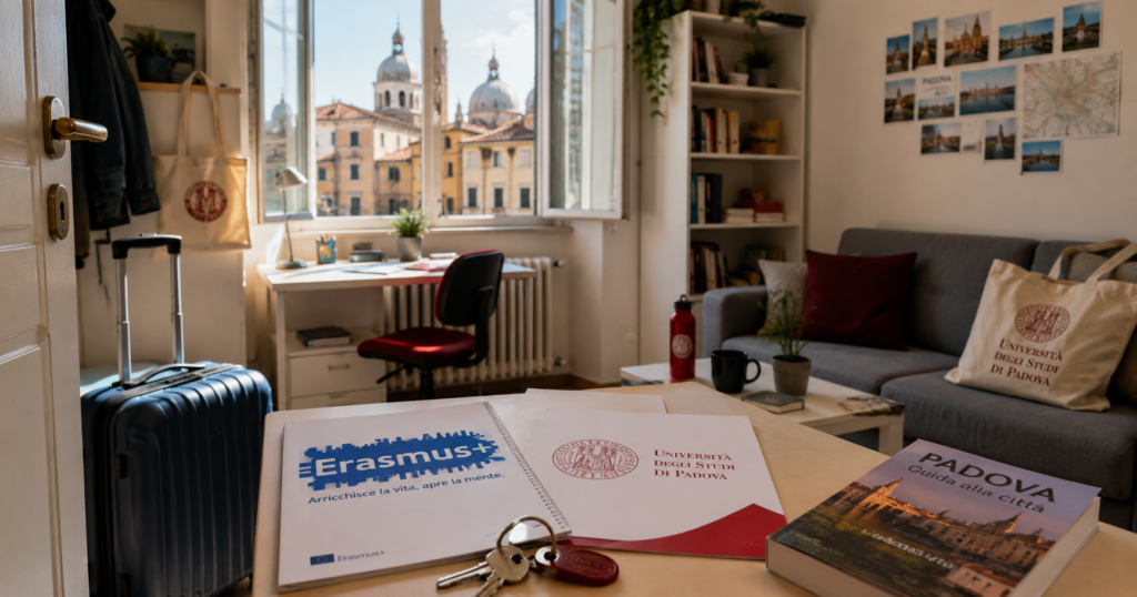 Furnished student apartment in Padova with Erasmus folder, UniPD bag, suitcase and city view