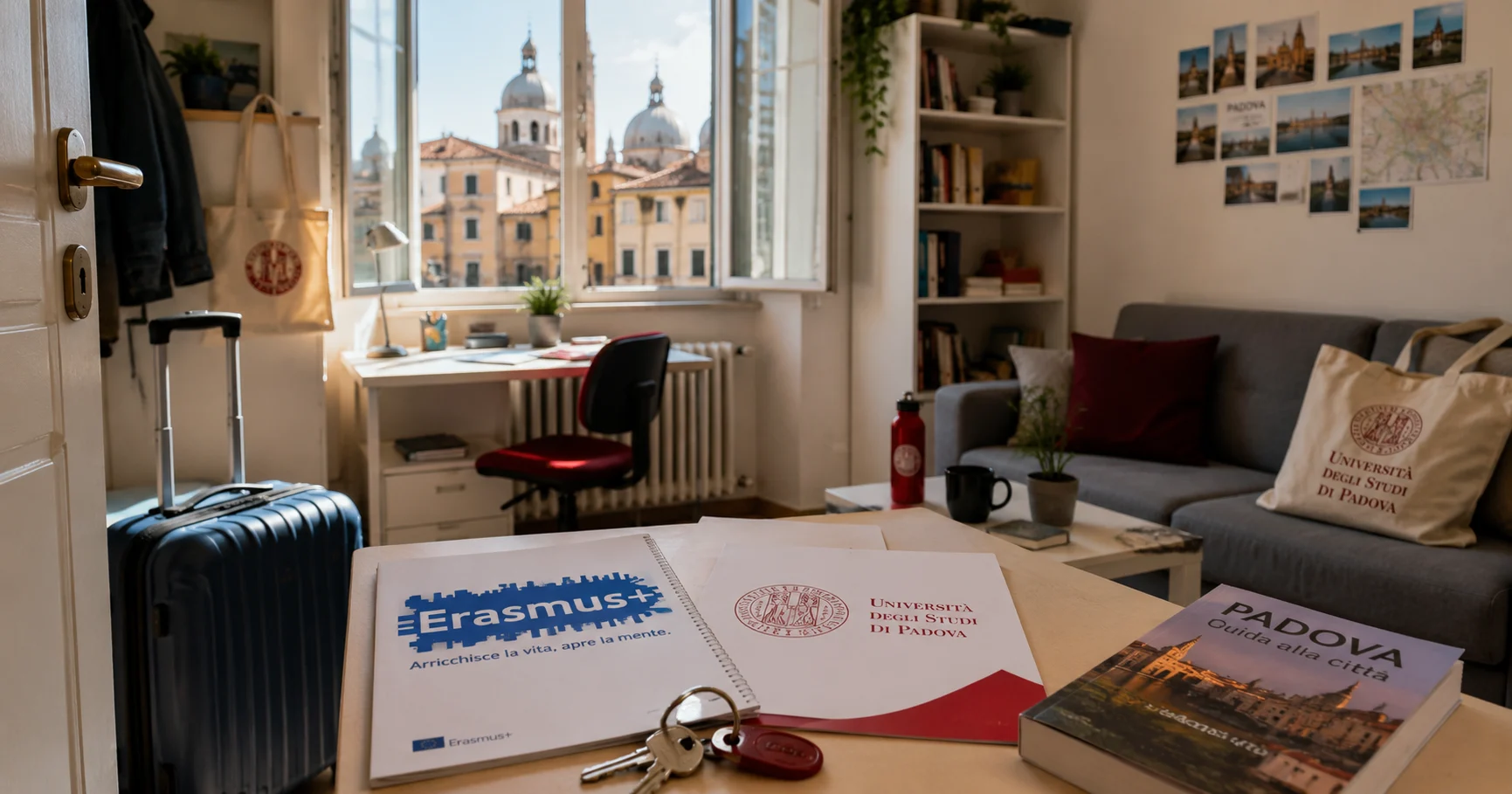 Furnished student apartment in Padova with Erasmus folder, UniPD bag, suitcase and city view
