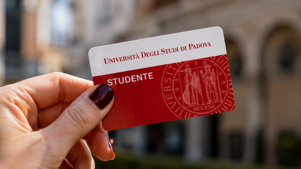 UniPD student card held in front of a historic university building in Padova