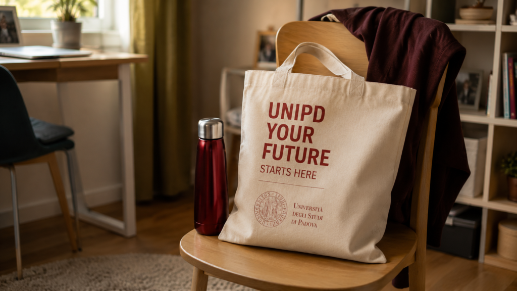UniPD tote bag and student essentials in a furnished room in Padova